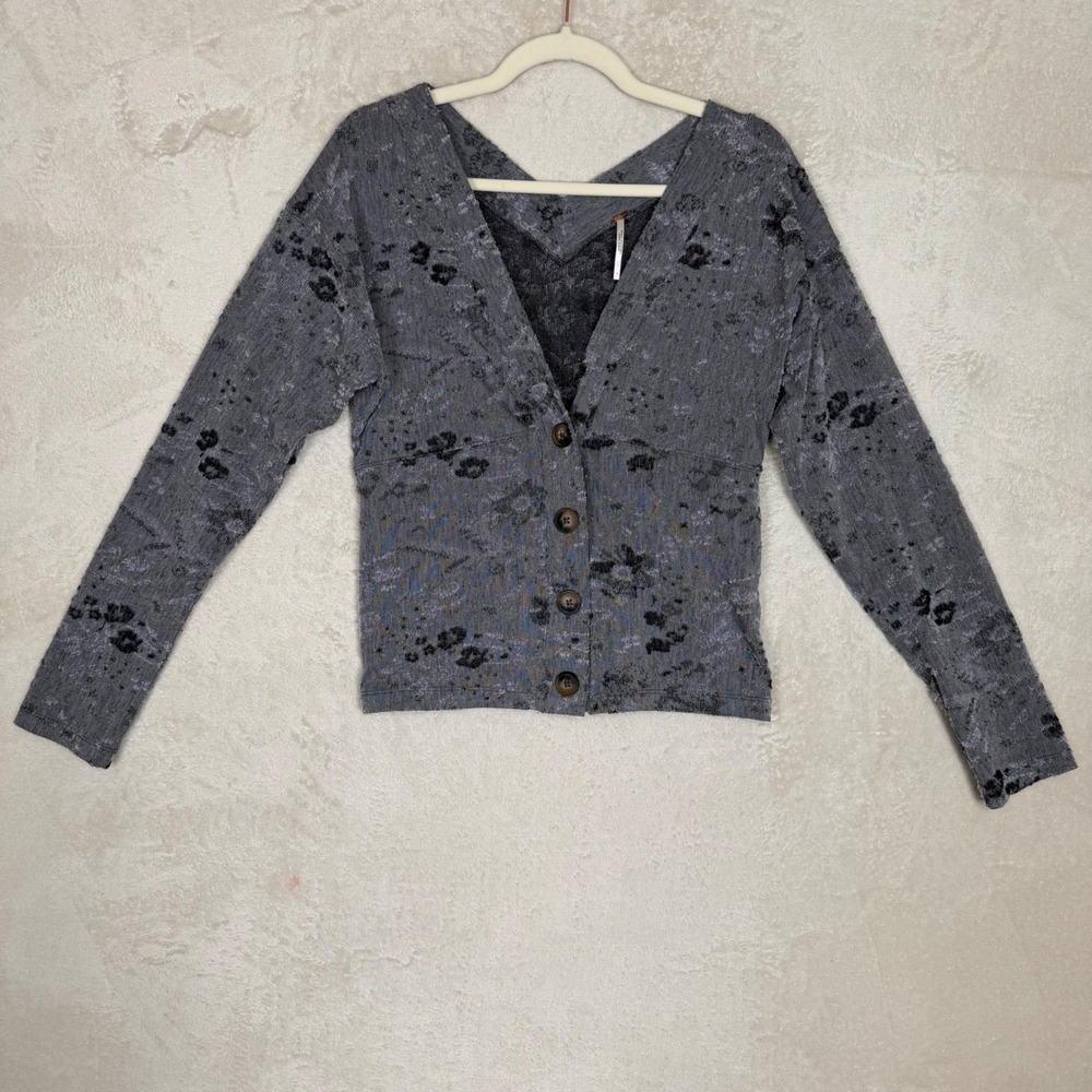 Free People Caroline Floral Button Front Cardigan Gray Long Sleeve V-Neck Large